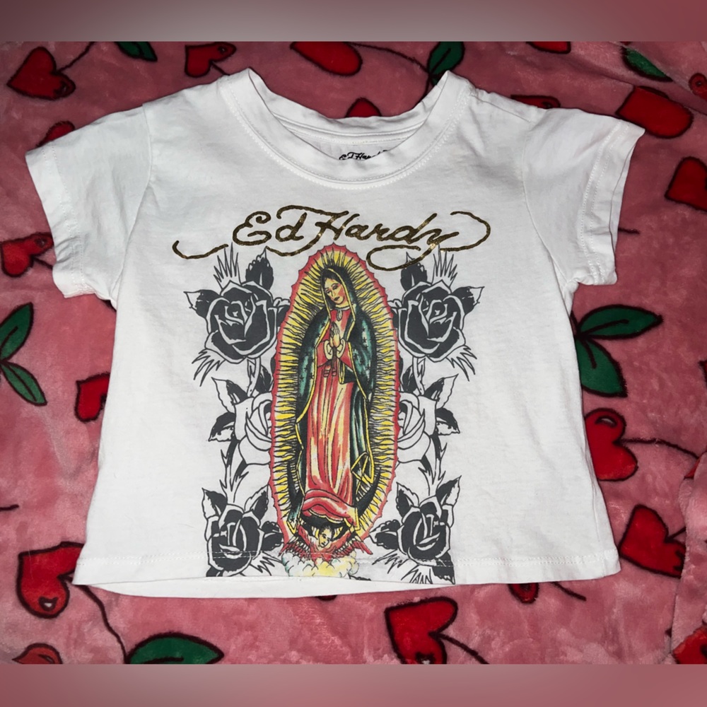 Ed Hardy 🙏 Virgencita Women’s White Graphic Crop Top with Religious Print